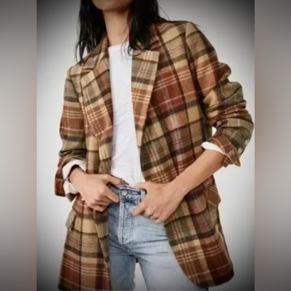 Free People Mari Tartan Plaid Double Breasted Boyfriend Blazer Jacket Size Small